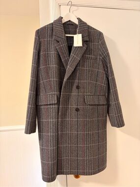 Skall Studio Women's Gray Plaid Trench Coat with Subtle Red Windowpane